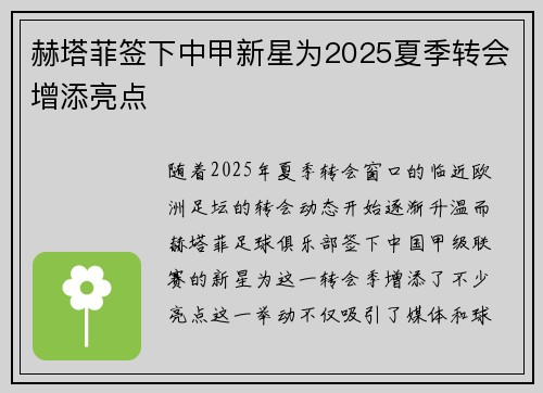 赫塔菲签下中甲新星为2025夏季转会增添亮点 赫塔菲签下中甲新星为2025夏季转会增添亮点